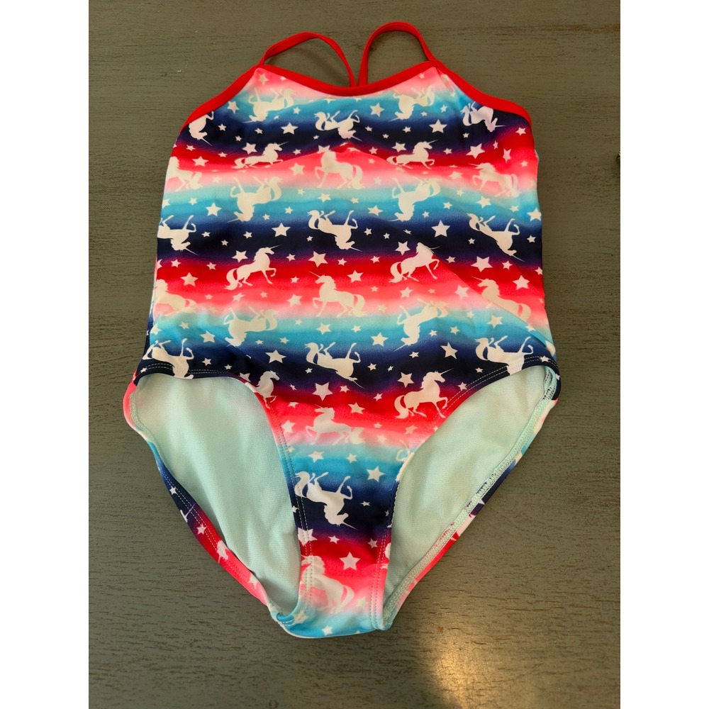Wonder Nation Girls One Piece Swimsuit Unicorn Stars Red White Blue Plus L 10-12